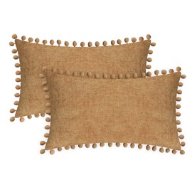 CaliTime Throw Pillow Cases Pack of 2 Cozy Solid Dyed Soft Chenille Cushion Covers with Pom Poms for Couch Sofa Home Decoration 12 X 20 Inches Apricot Brown