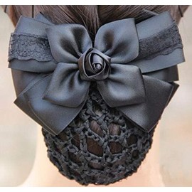 Women Hair Bun Cover Net Hairnet Bowknot Decor Satin Bow Barrette Hair Clip Bow Ribbon Flower Hair Accessories For Stewardess Banks Hotels Restaurant Staff (Black, One size)