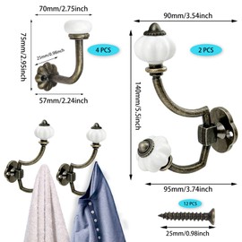 xianzhanEU Pack of 6 Vintage Coat Hooks, Vintage Ceramic Coat Hooks, Bronze Colour Wall Hooks, Coat Hooks, Coat Hooks for Bedroom, Living Room, Bathroom, Kitchen