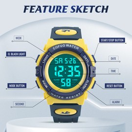 cofuo Kids Digital Sports Watch Waterproof Outdoor Analog Electronic Watches with Alarm Stopwatch, Children Birthday Presents Gifts Toys for Age 7 Years Old Boys Girls Yellow Navy Blue