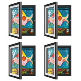 4 Pack Kids Art Frame, Kids Artwork Frames Changeable 8 x10.5 with Mat and 9 x12 Without Mat, Black Front Opening Children Picture Storage Frame for Wall Holds 50Pcs Crafts, Drawing, Art Projects