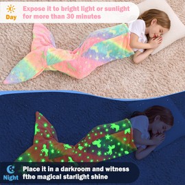 Viviland Kids Mermaid Tail Blanket - Mermaid Tail Blankets Glow in The Dark - Flannel Mermaid Blanket Gifts for Girls - Luminous Unicorn Super Soft Tie Dye Girls - Multicolor Unicorn 17"×39"