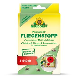 Neudorff Permanent FliegenStopp - Reliably Fights Flies, Fungus Gnats etc. with Odourless Motif Sticker and Long-Lasting Effect, Pack of 4