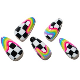 GLAMERMAID Rainbow Press on Nails Medium Almond, Y2K Rainbow Crush Nails with Checkerboard Color, Stiletto Fake Nails, Short Oval Stick Glue on Nails Tips for Women, Reusable Acrylic False Nail Kits