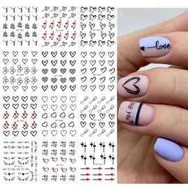 12pcs Valentine's Day Nail Water Transfer Stickers Black Heart Flower Nail Stickers Water Decals Valentine Nail Art Decorations Black Red Love Hollow Heart Pattern Letter Charms Manicure Decor