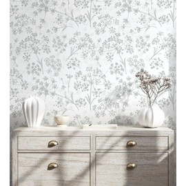 Safiyya Peel and Stick Wallpaper Floral Contact Paper 197" x 17.3" White and Grey Wall Paper Modern Self Adhesive Removable Wallpaper for Bedroom Bathroom Vinyl Rolls