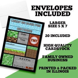 Amanda Creation Creepy Pixel Miner Pixel Party Video Game Birthday Party Invitations, 20 5x7 Fill-In Cards for Boys with Twenty White Envelopes