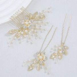 Haodeliy Hair Accessories, Comb, U Pin, 5-piece Set, Leaves and Flower Motif, Bride, Hair Ornament, Handmade Wedding Headdress Hair Ornament, Flower, Wedding Decoration, Recitals, Graduation