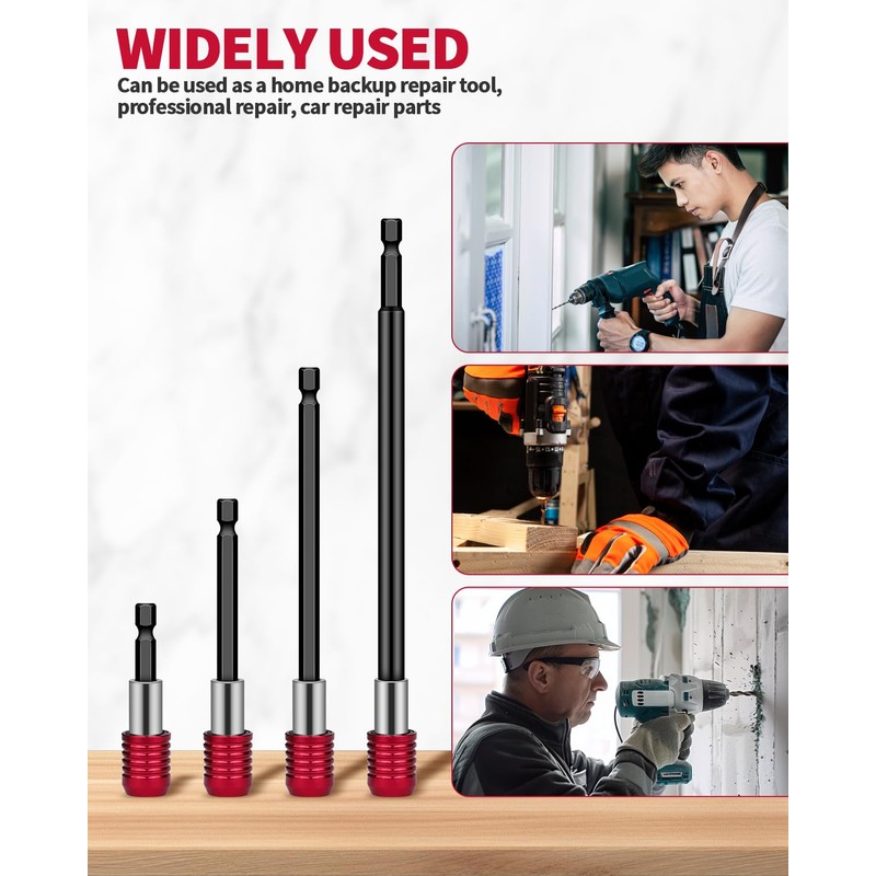 4 Pcs Red Drill Bit Extension Set, 1/4 Inch Magnetic