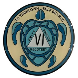 6 Year AA, Recovery Sea Turtle Medallion, Sobriety Token, Blue and Gold