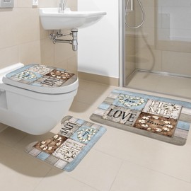 Ufeela 4 PCS Rustic Floral Flower Complete Bathroom Set Shower Curtain and Rugs 72Wx72H Inch Farmhouse Wood Country Non-Slip Bath Rug Toilet Lid Cover U Shape Mat Accessories 12 Hooks Bathoom Decor