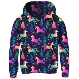 Little Girls Colorful Purple Galaxy Hoodies for Kids 3D Printed Green Horse Pullover Sweatshirts With Pocket 4 5 6 Years Old Boys Casual Loose Sports Shirt Sweater Children Winter Hoody Clothes