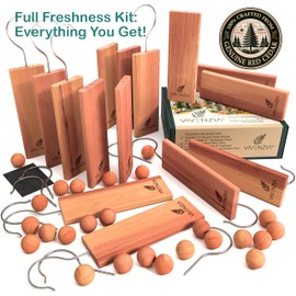 Vivenzia Cedar Blocks for Closet -40 pcs (15 Hang-ups & 25 Balls)- Aromatic Cedar for Closets, Natural Closet Smell Eliminator, Natural Closet Deodorizer, Drawer Fresheners for Dresser.