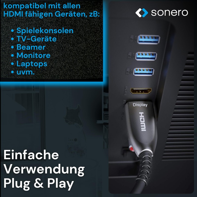 Sonero® 8K-HDMI 2.1 Kabel, Glasfaser-Hybrid-Kabel, Auflösung bis 8K 60 Hz