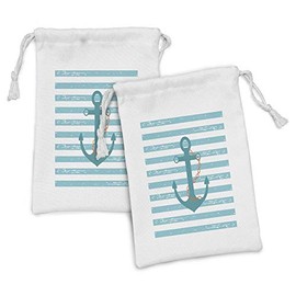Ambesonne Striped Fabric Pouch Set of 2, Ship Anchor Chain Marine Life Inspired Lines Background Ocean Sailing, Small Drawstring Bag for Toiletries Masks and Favors, 9" x 6", Turquoise White and Teal