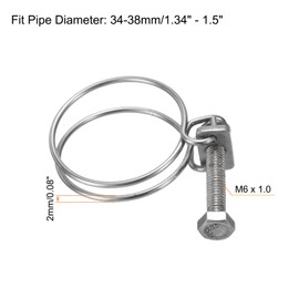 sourcing map 6Pcs Double Wire Hose Clamp, 34-38mm Adjustable Stainless Steel Wire Hose Clips with M6 Bolt for Dust Collection Hose, Pump Hose Pipe