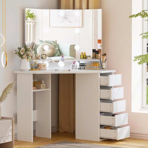 White Makeup Corner Vanity Desk with LED Mirror & 3