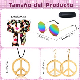 Disfraz Hippie de Los Años 60 y 70, 6 Piezas Conjunto de Hippie para Mujer, Traje Discoteca, con Diadema, Collar, Aretes y Gafas de Sol, Disfraz para Halloween