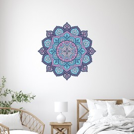 Mandala Wall Decal – Blue & Pink Vinyl Boho Sticker for Bedroom, Meditation Space, or Outdoor Decor – Sacred Geometric Art – Removable Not Reusable – Elegant Spiritual Accent ci51
