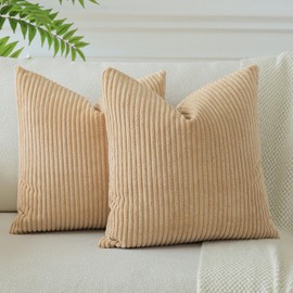 OTOSTAR Decorative Throw Pillow Covers 16 x 16 Inch Soft Corduroy Cushion Covers Striped Solid Square Pillow Cases for Couch Bedroom Home Sofa Farmhouse Boho Living Room Decor Set of 2 (Light Brown)