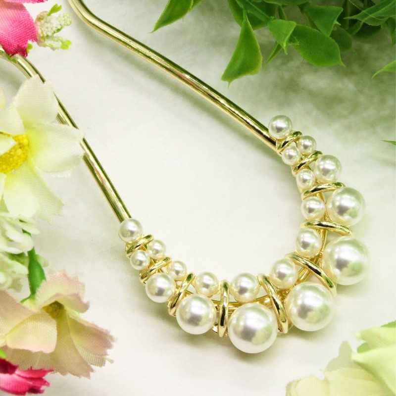 Miaomyao Hair Ornament, Japanese Kimono, Sleeve Flower, Pearl, Gold, U-shaped