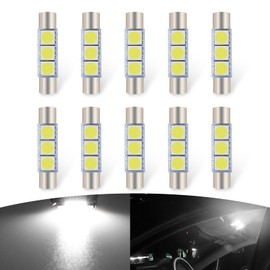 Flygun 10 PCS T6 5050 Car LED Sun Visor Lights, 28MM 12V 300LM Super Bright Waterproof Vehicle Reading Light Bulb Replacement, Universal Automotive Roof Light Accessories (White Light)