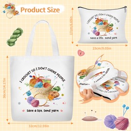 CRASHOT Canvas Crochet Tote Bag for Women - 2 Pcs Aesthetic Cosmetic Pouch Tote Bags, Yarn Pattern Fun Quote Design Knitting Gifts for Crochet Lovers, Reusable Grocery Bags