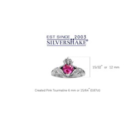 Silvershake 6MM Heart Shape Created Pink Tourmaline Irish Celtic Claddagh 925 Sterling Silver Friendship Ring October Gemstone Birthstone Size 7