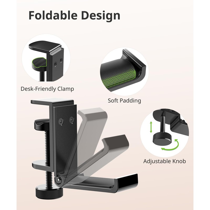 Kimiangel Headphone Stand Under Desk, Foldable Aluminum Headset Holder with