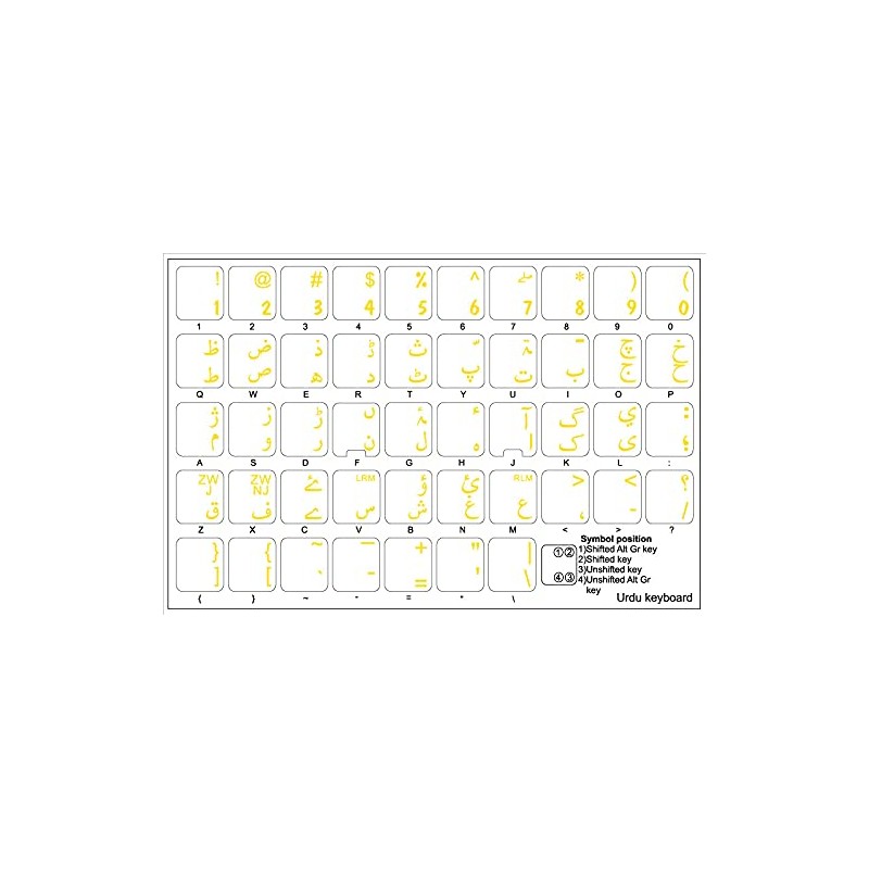 Urdu Keyboard Labels with Yellow Lettering ON Transparent Background for