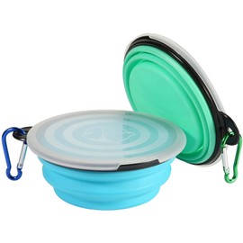 SLSON Collapsible Dog Bowl 2pack Pet Travel Bowls with Lid and Carabiners Pet Feeding Water Bowl Portable Pet Feeder for Walking Traveling Home Use (Light Blue and Light Green, Small)