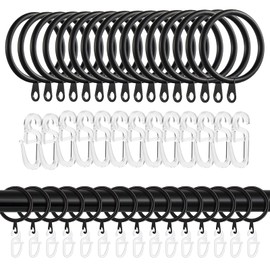 Jizxol Curtain Rings Black, 40 Pieces Metal Curtain Rings and 40 Pieces Plastic Curtain Hooks, Curtain Rings with Hooks, for Window Door Shower Curtain for Rails, 30 mm Inner Diameter (Black)