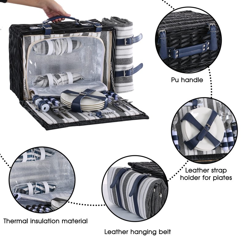 HYBDAMAI Wicker Picnic Basket for 4 with Waterproof Picnic Blanket