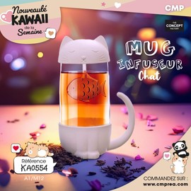 THE CONCEPT FACTORY, KA0554, Tazza con infusore Kawaii Catfish 30cl - Stoviglie Eleganti, Ideale per tè e caffè, Ceramica e Vetro Trasparente, Design Divertente, Bianco, Trasparente