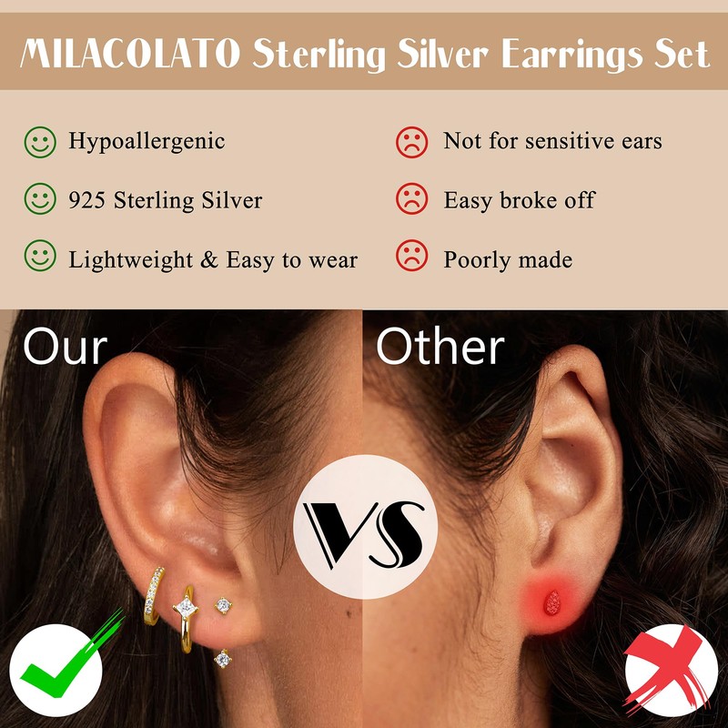 MILACOLATO 3 Pairs Sterling Silver Earrings for Women, Dainty 14K