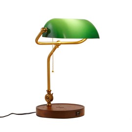 Hsyile KU300237 Rope Switch Retro Table Lamp with USB Charging Ports and Wireless Charging, with Green Retro Glass Lamp Shade for Living Room Bedroom,Bulb Included