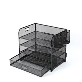 YFEEN 4 Tier Paper Organizer File Sorter Organizer with Drawer and Pen Holders,Mesh Office Desk Organizer for Letter,Document,File Organizer for Office,Home or School-Black