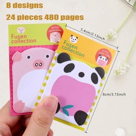 24 Pack Cute Animal Sticky Notes for Party Bags, 8 Styles 480 Sheets Party Bag Fillers for Kids, Party Favour Cartoon Animal Sticky Notes Set