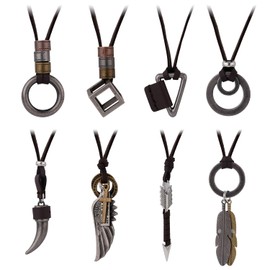 8pcs Leather Pendant Necklaces, 8 Styles Vintage Leather Rope Chains Adjustable Feather Wolf Tooth Ring Wing Leather Cord Necklace Sweater Jewelry for Men Women