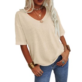 Danedvi Women Fashion V-Neck Half Sleeves Oversized T Shirt Solid Casual Loose Basic Tops Beige