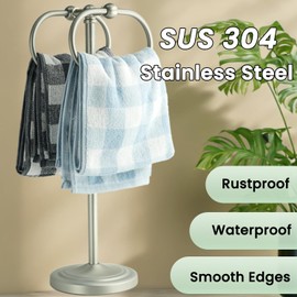 CALUCAB 304 Stainless Steel Free Standing Bathroom Towel Rack & Towel Ring - 16Inch Non-Slip Base Floor Standing Towel Holder with Double Oval Rings for Bathroom, Bathtub (Brush)