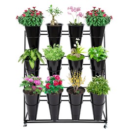 Flower Display Stand with Buckets, 3 Layers Large Capacity Flower Cart Metal Plant Stand, Moving Florist Bouquet Shelf for Fresh Flower Shop, Patio, Garden, Wedding