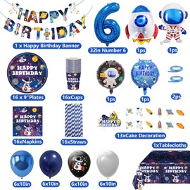Space Party Tableware Set, 6 Years, Space Birthday Decoration, 16 Guests