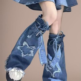 Inpunktoo Y2k Goth Hippie Leg Warmers Cyber Punk Denim Star Flared Harajuku Fashion Cute Grunge Rave Pentagram Baggy Gothic Dance Jean Buckle Flare Summer Steampunk Long Legwarmers for Women, Blue