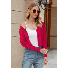 Newshows Womens Cardigan Summer Cropped Lightweight Short Cardigans Ladies V Neck Knit Buttons Bolero Shrug Red,L