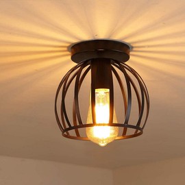 iDEGU Vintage Ceiling Light, Industrial Ceiling Light, Diameter 20 cm, Geometric Cage Design Lampshade, Retro Ceiling Light, E27 Lighting for Bedroom, Kitchen, Living Room, Black