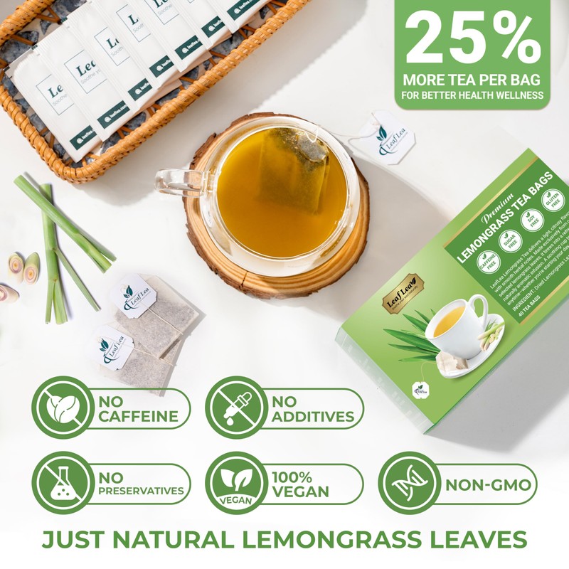 LeafLea Lemongrass Tea Bags, 40 Count, 100% Natural Lemongrass Leaves,