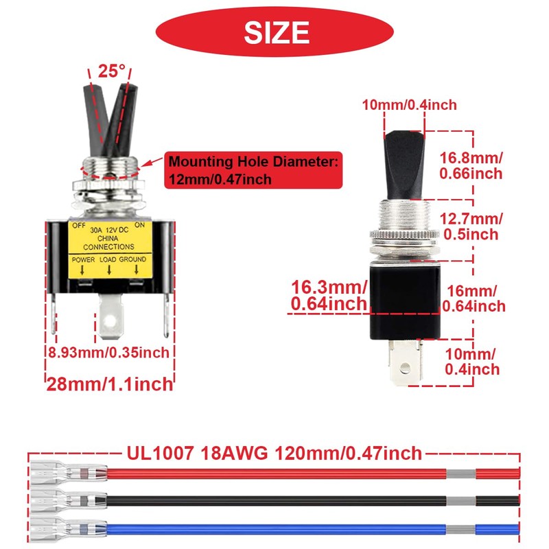 MKBKLLJY 2pcs Illuminated Toggle Switch DC 12V 30A SPST 3