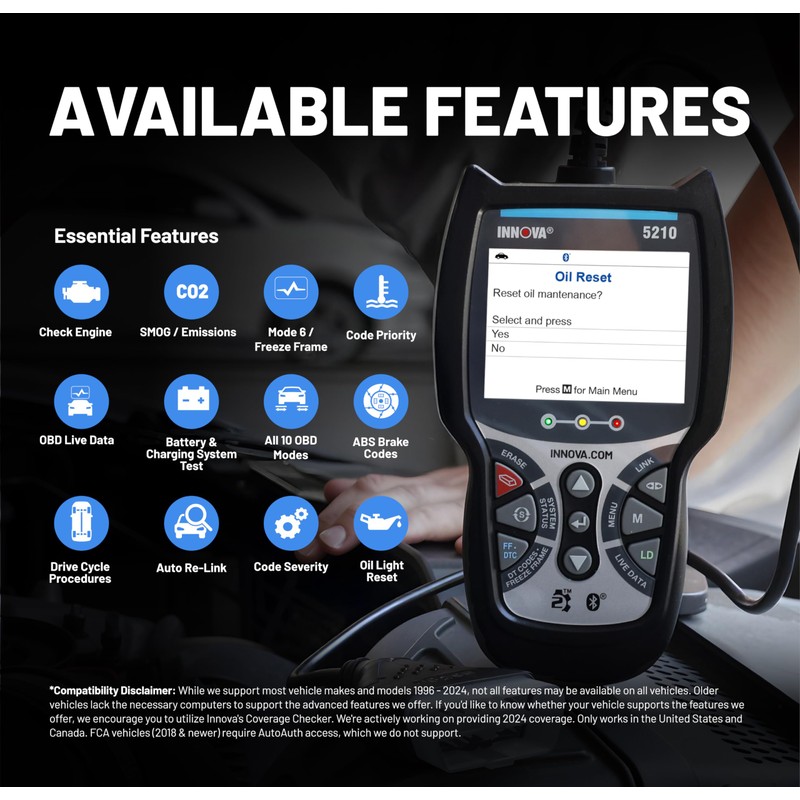 Innova 5210 OBD2 Scanner & Engine Code Reader, Battery Tester,