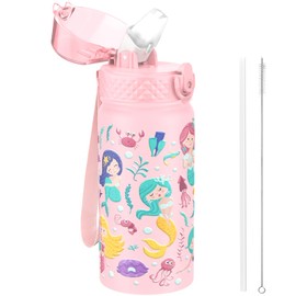 GOPPUS 420ml/14oz Kids Insulated Water Bottle with Straw Cute Double Wall Stainless Steel Child's Small Flask Vacuum Insulated Steel Metal Leak Proof Drink Flask Boys Toddler Girls Flask BPA-Free